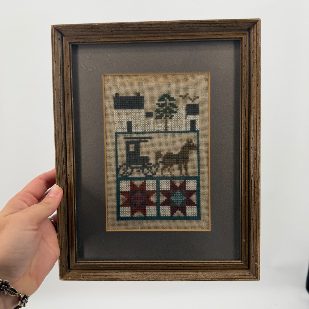 Vintage Framed Cross Stitch Sampler Primitive Folk Art Horse Carriage Quilt Star